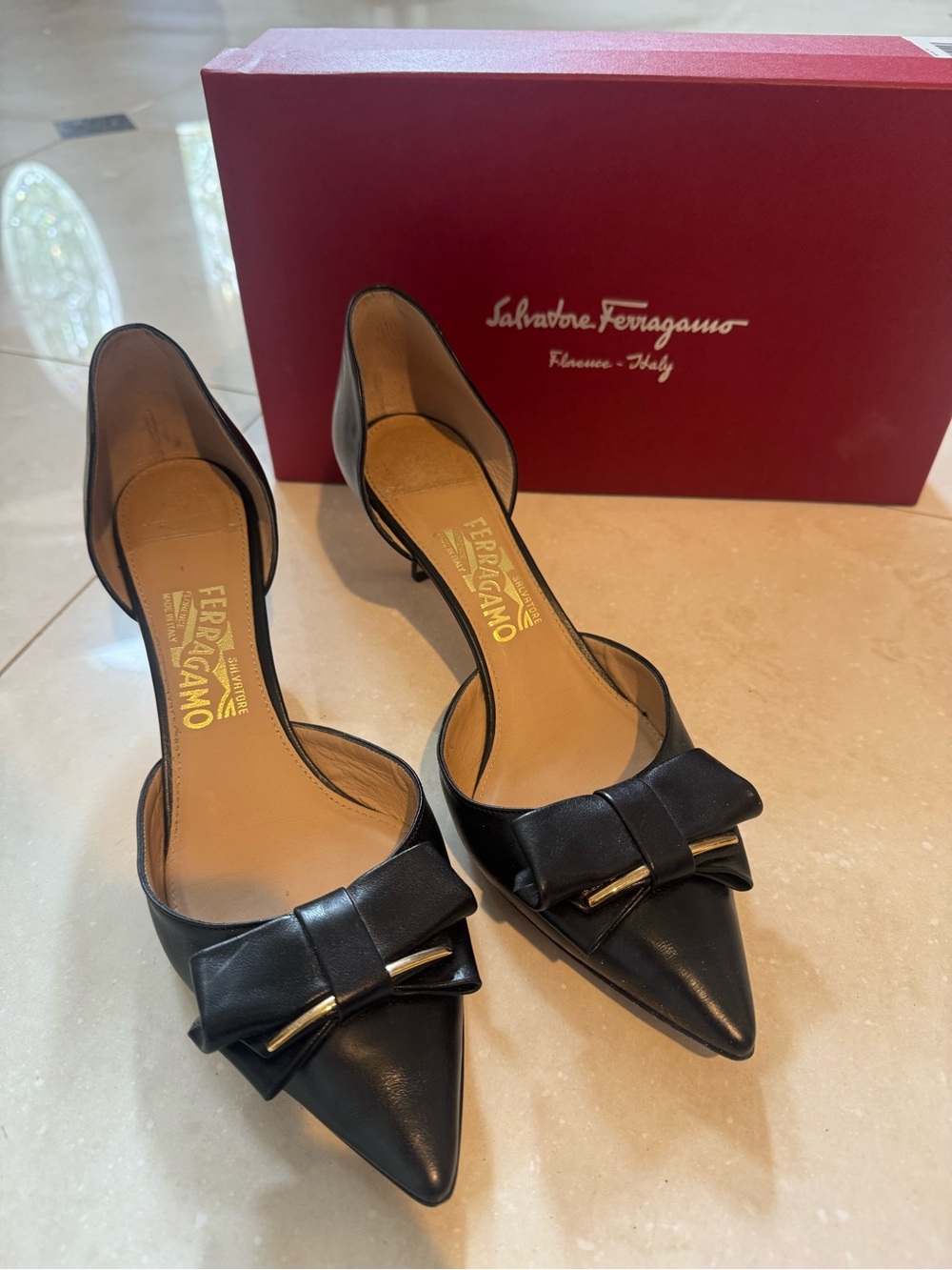 Salvatore Ferragamo Black Pointed D'Orsay Bow Pumps